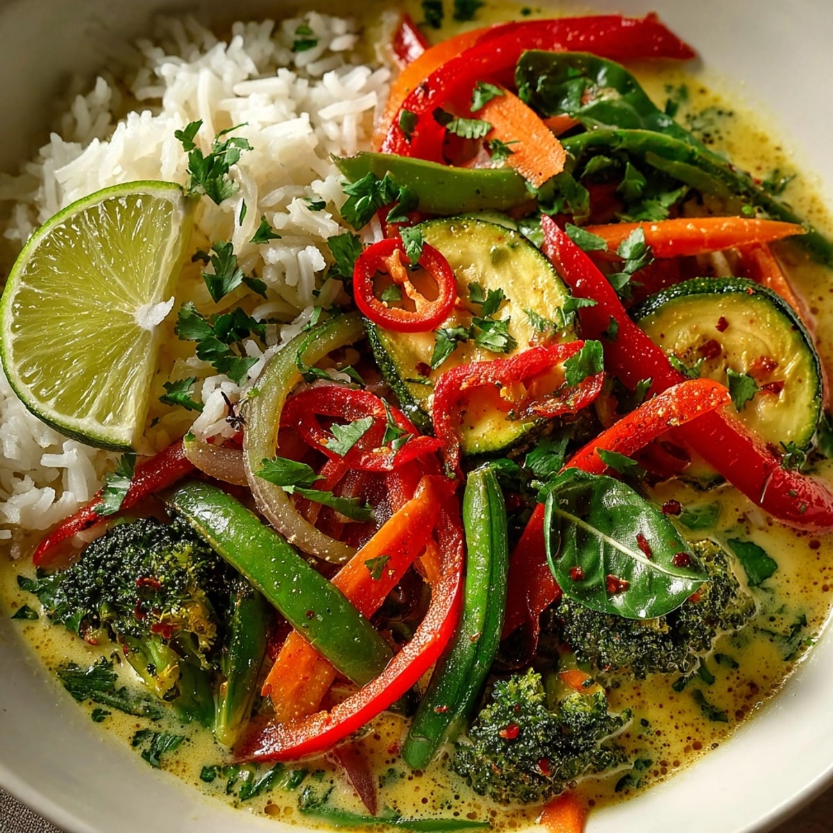 Thai Curry Vegetable Bowl with colorful veggies in creamy coconut sauce over jasmine rice