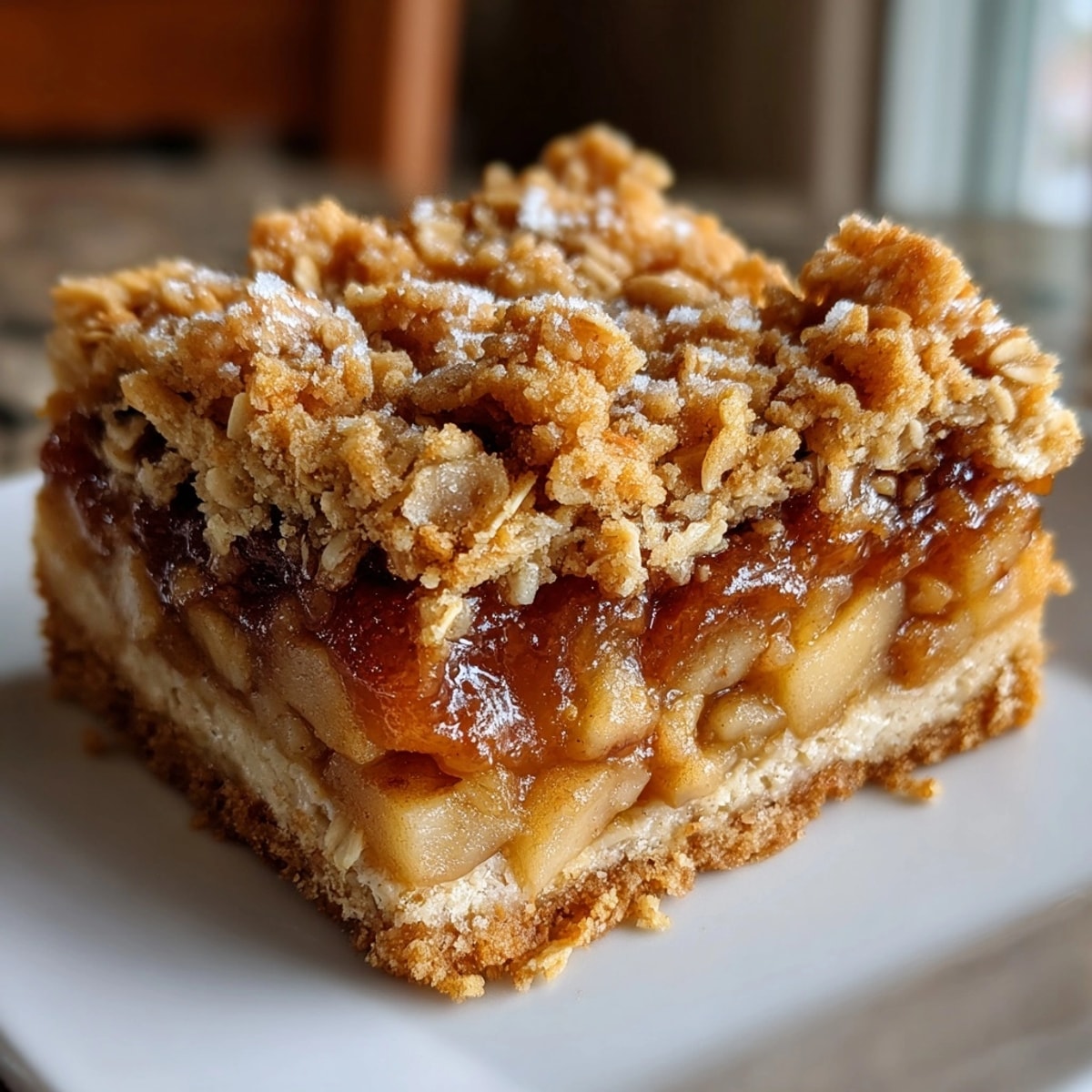 Freshly baked Cinnamon Apple Crisp Bars cooling on parchment, golden oat topping glistening