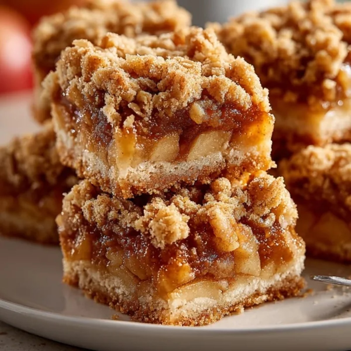 Closeup of Cinnamon Apple Crisp Bars with tender spiced apples and buttery, crumbly crust layers