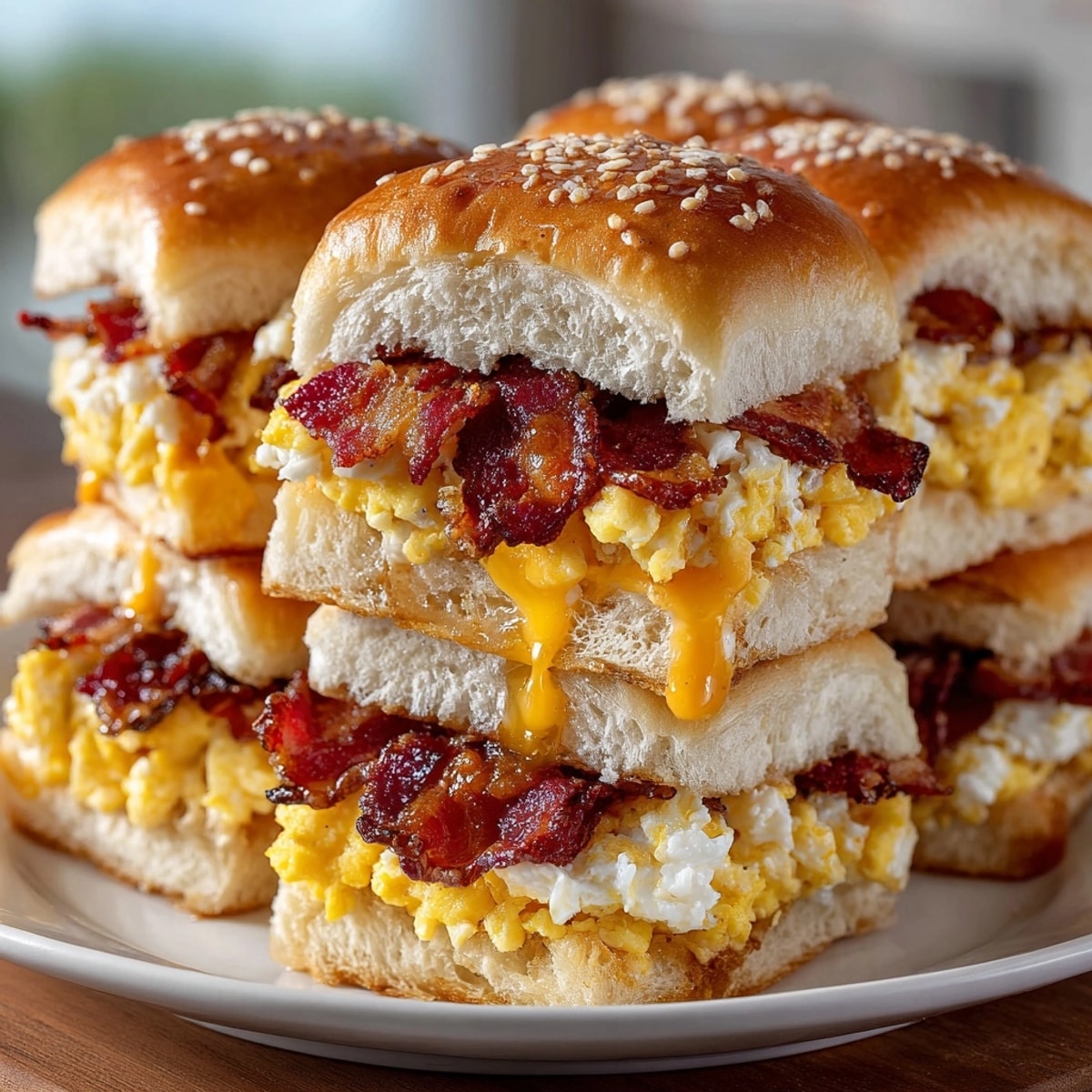 Crack Breakfast Sliders with bacon, egg, and cheese served warm on golden Hawaiian rolls