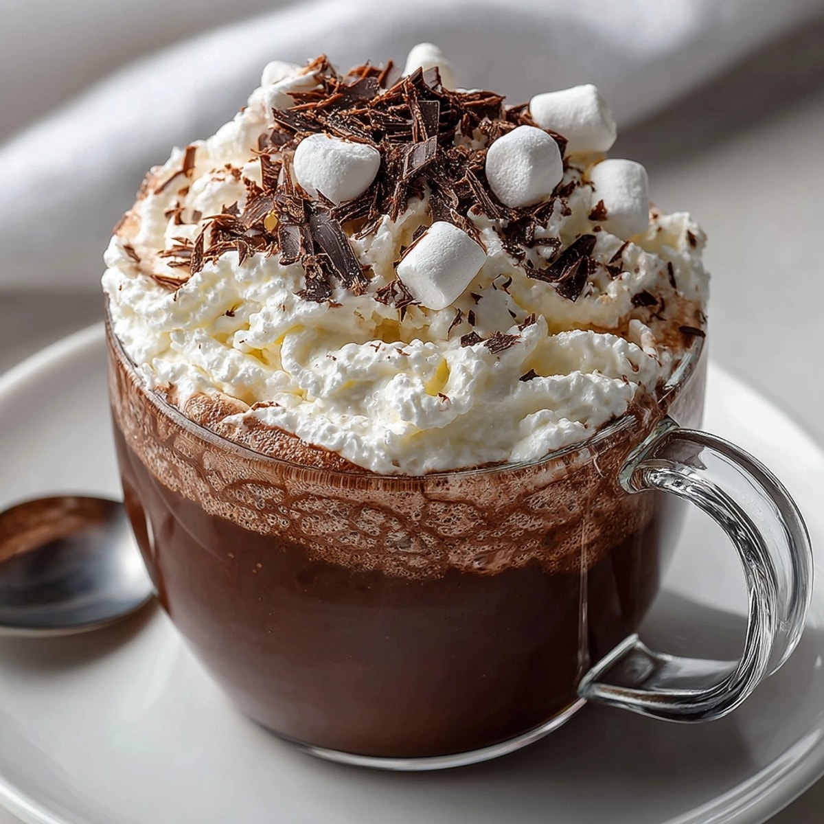 Creamy whipped hot chocolate piled over steaming chocolate milk, topped with fluffy marshmallows