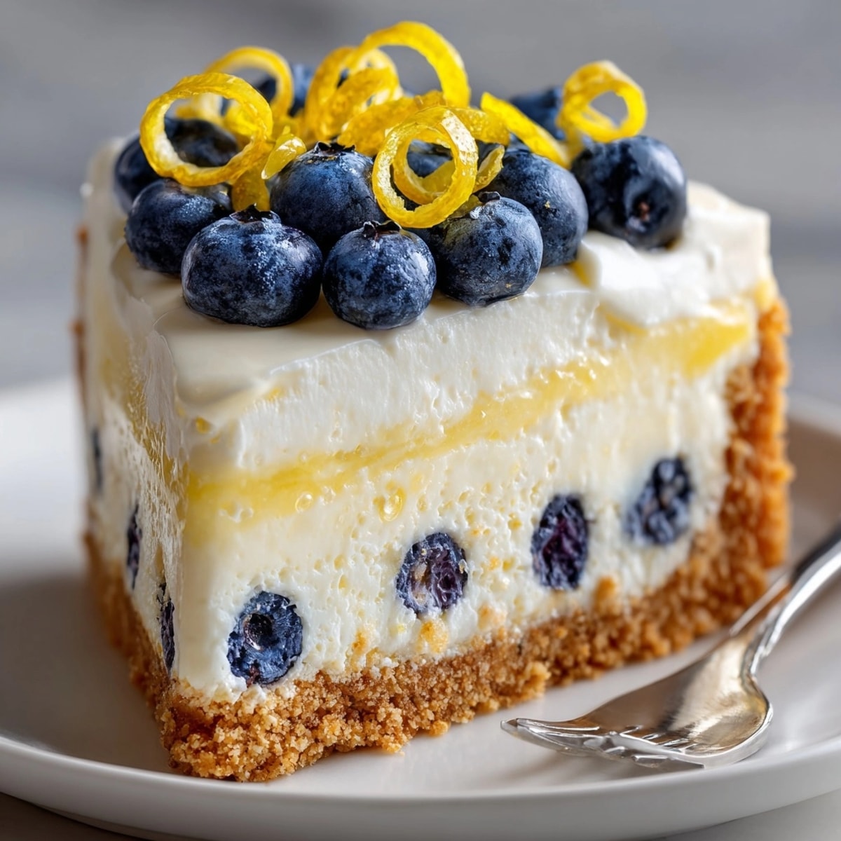 No-Bake Lemon Blueberry Cream Cake topped with fresh blueberries and lemon zest on graham crust.