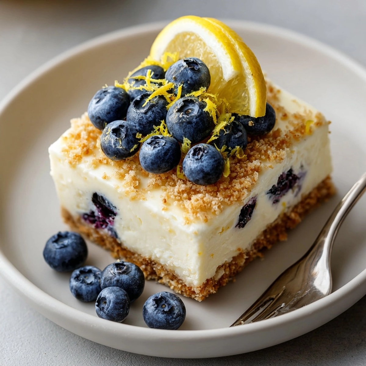 Slice of No-Bake Lemon Blueberry Cream Cake displaying fluffy lemon filling and juicy blueberry topping.