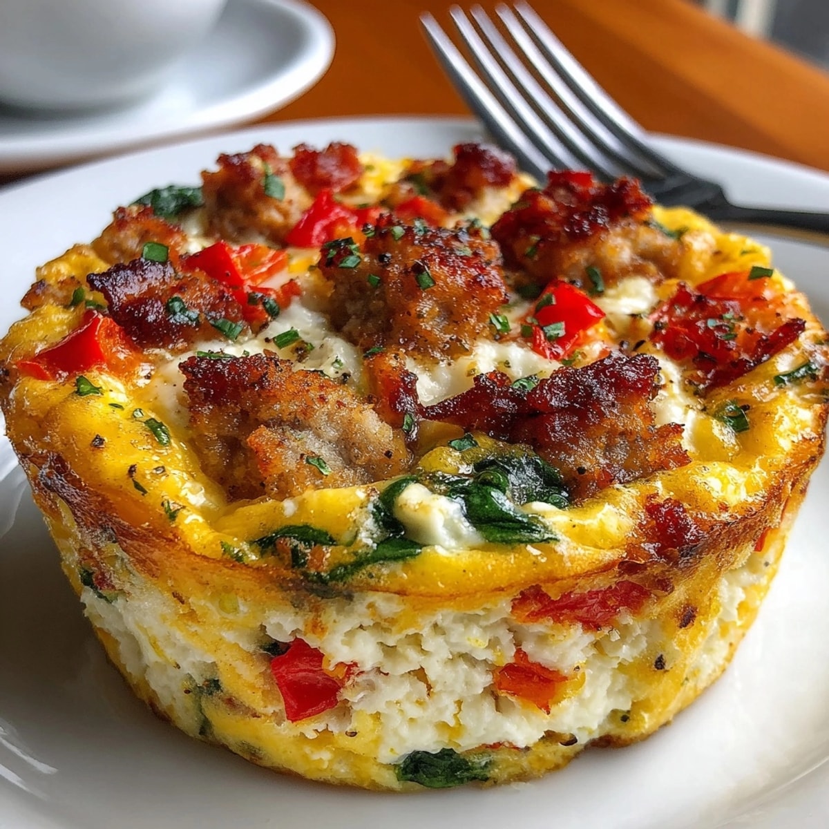 Make-Ahead Egg Muffins arranged on a plate, fluffy and packed with colorful veggies and cheese.