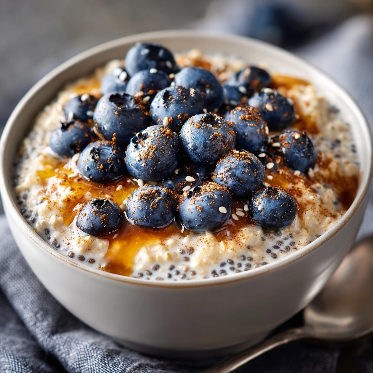 Creamy blueberry chia overnight oats topped with fresh berries in a mason jar breakfast scene.