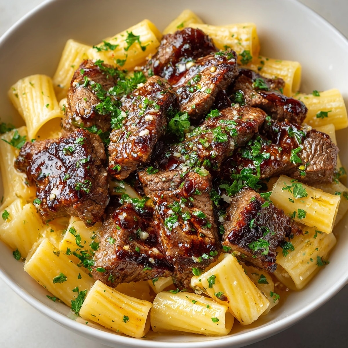 Sizzling garlic butter steak pasta topped with fresh parsley, served hot in a skillet.