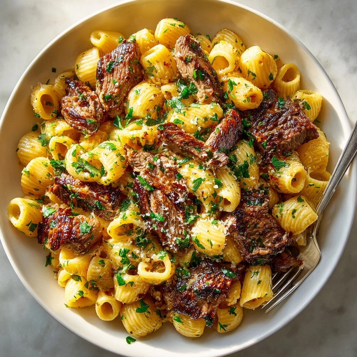 Tender steak strips and noodles coated in savory garlic butter sauce, American steak pasta style.