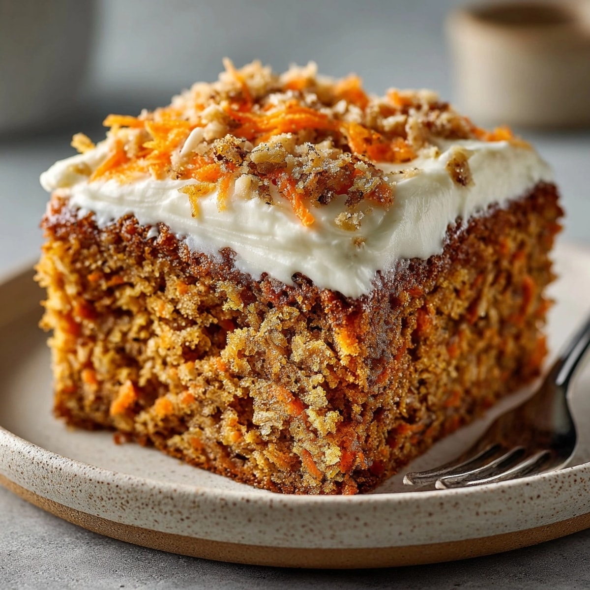 Easy flourless oatmeal carrot cake recipe sliced and served with warm morning coffee.