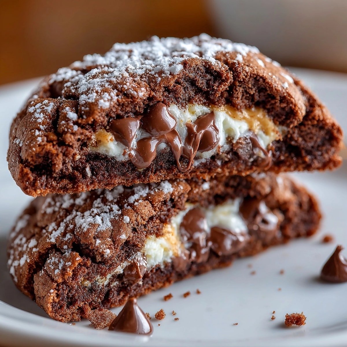 Freshly baked chocolate peanut butter filled cookies with gooey centers on cooling rack.