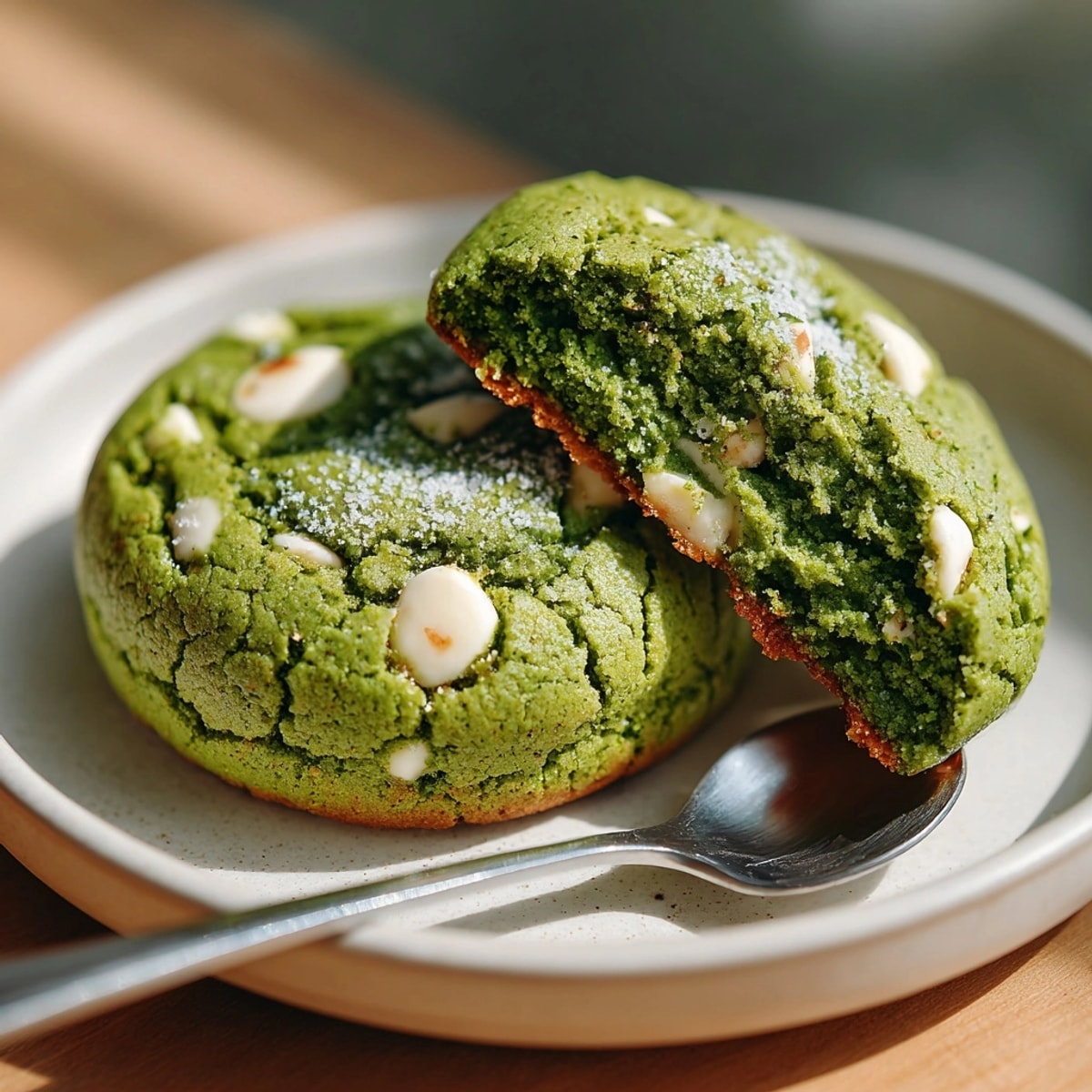 Freshly baked Matcha Chocolate Chip Cookies with golden edges and gooey chocolate centers on a cooling rack