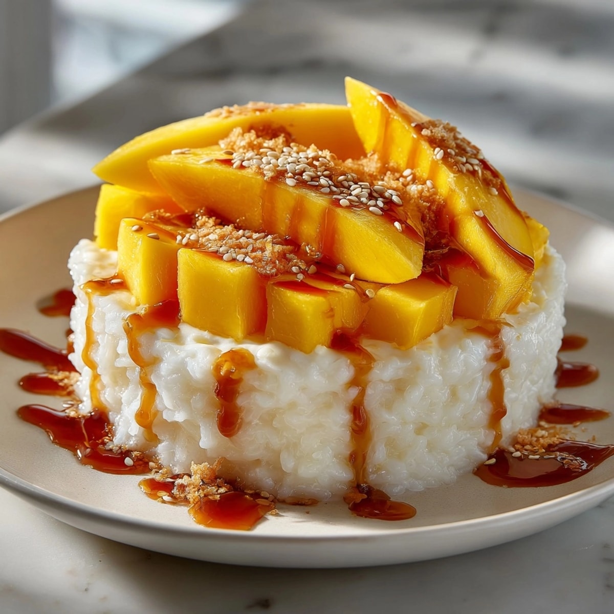 Creamy Mango Sticky Rice Pudding: Steaming Thai rice glistens under sweet coconut milk.