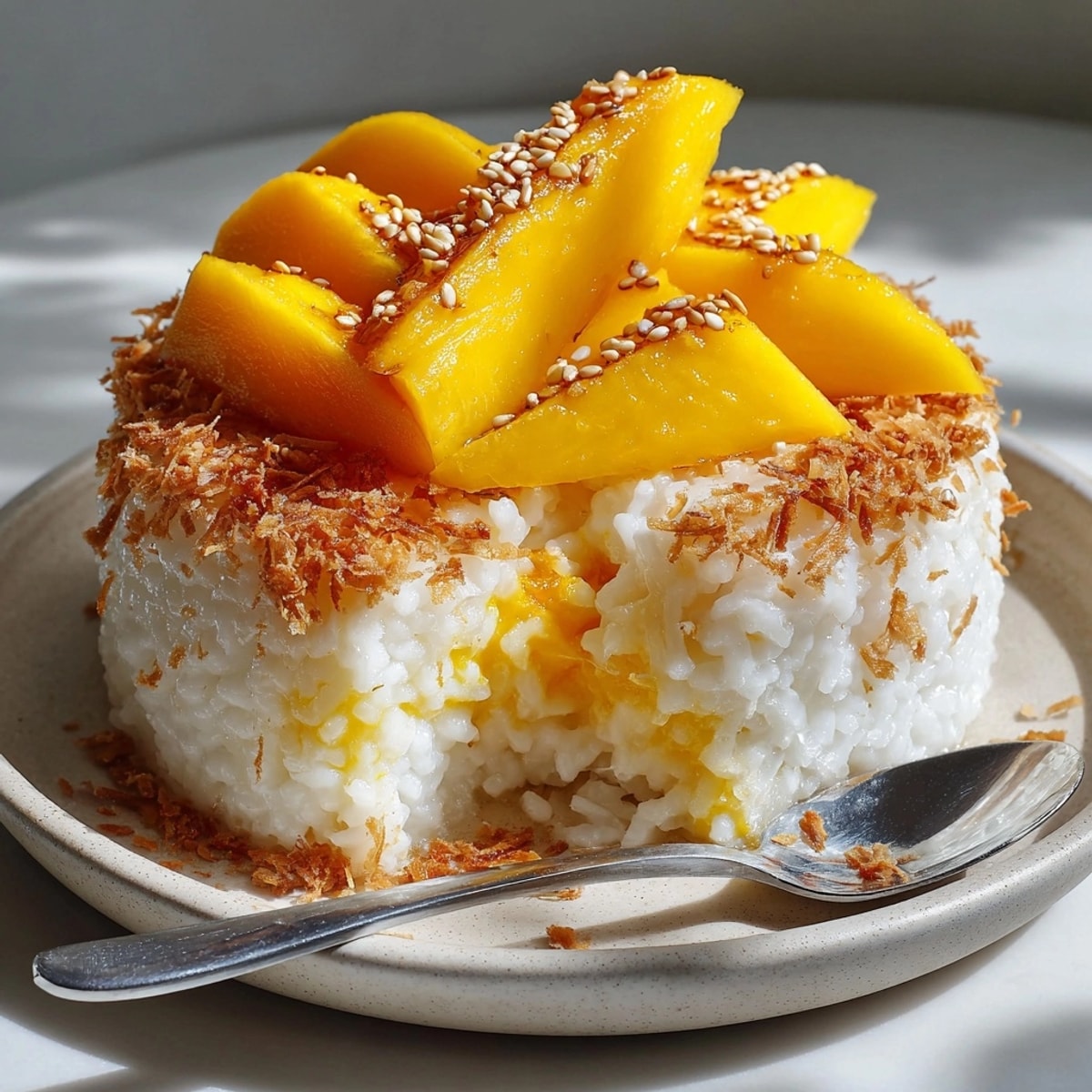 Golden ripe mango slices adorn a bowl of fragrant, glistening Mango Sticky Rice Pudding.