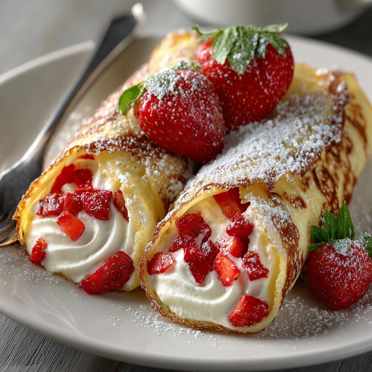 Golden Ricotta Strawberry Crepe Rolls dusted with sugar, ready for brunch.