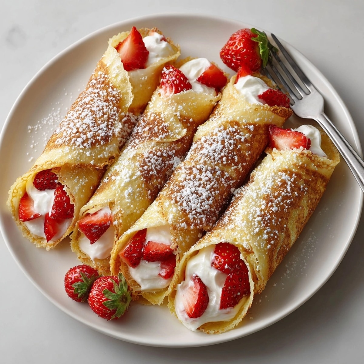 Light and airy Ricotta Strawberry Crepe Rolls, a delicious dessert or breakfast option.