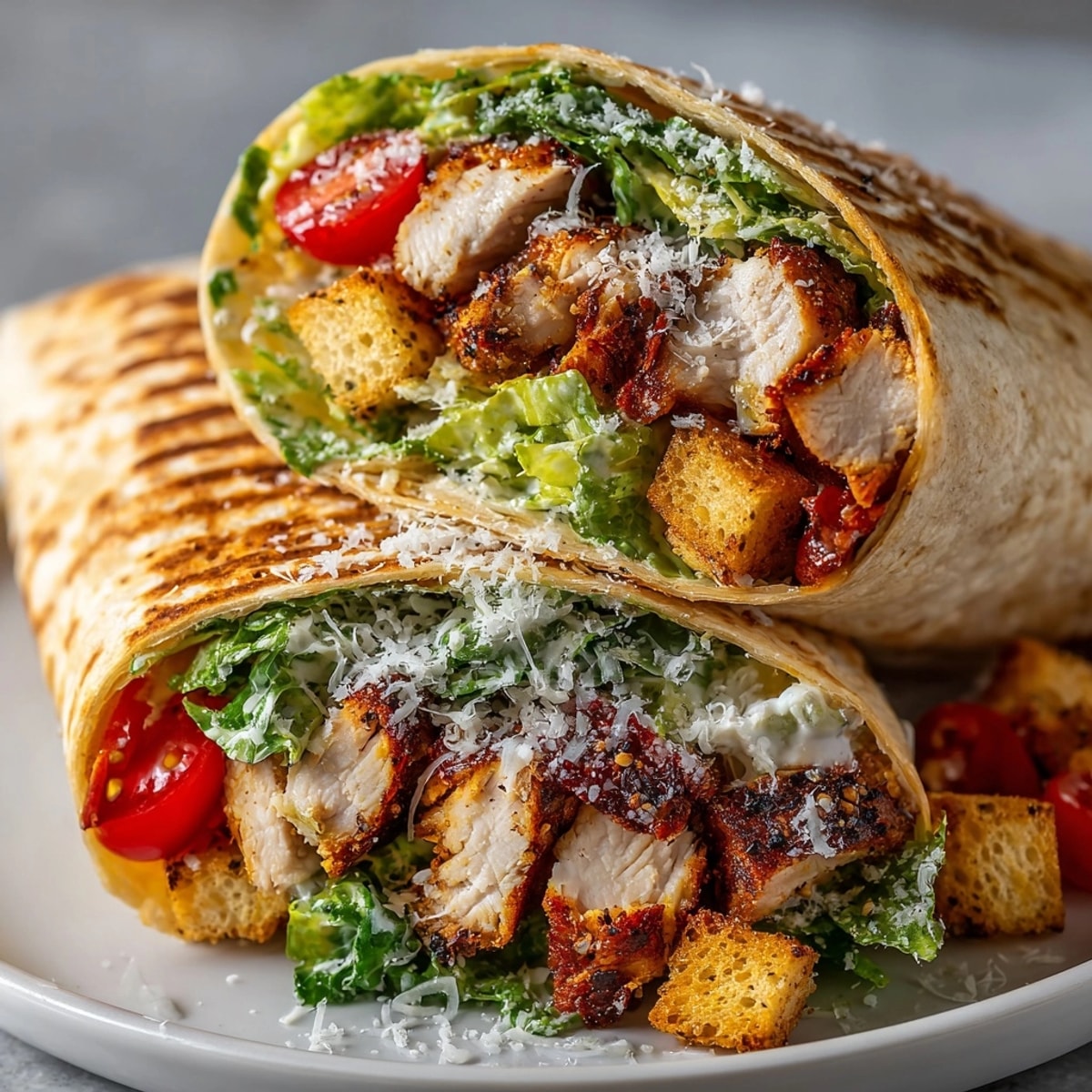 Cajun Chicken Caesar Salad Wraps: Tangy Caesar freshness meets spicy chicken, ready to eat.