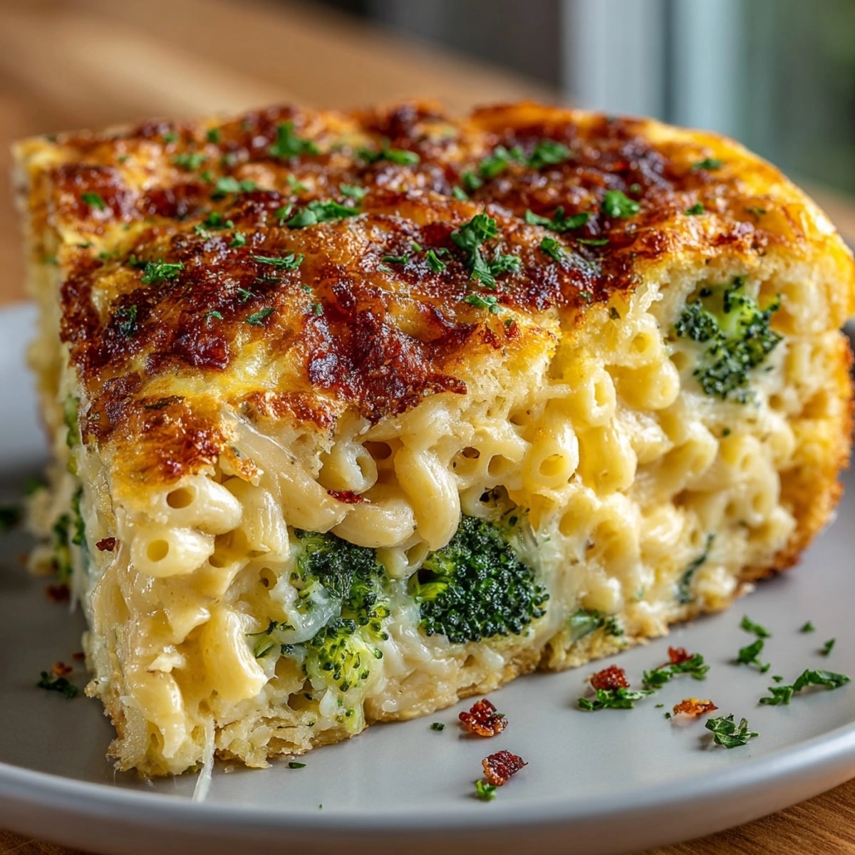 Golden Mac and Cheese Broccoli Frittata, fresh from the oven, a cheesy family-friendly meal.