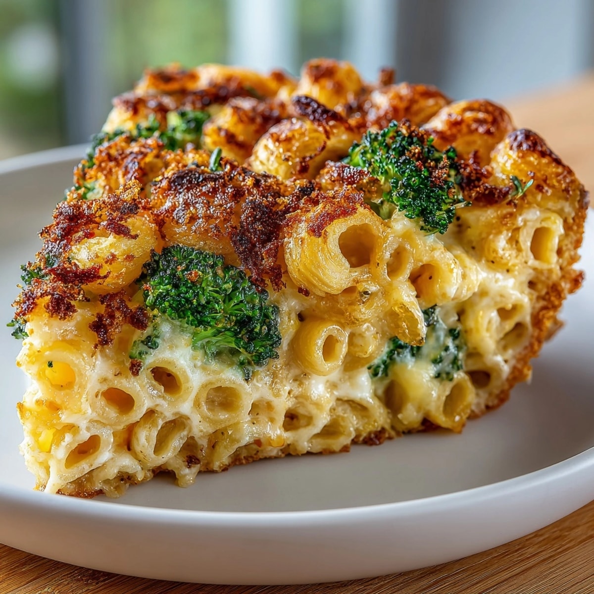 Savory Mac and Cheese Broccoli Frittata, showing off the broccoli amidst cheesy cooked macaroni.