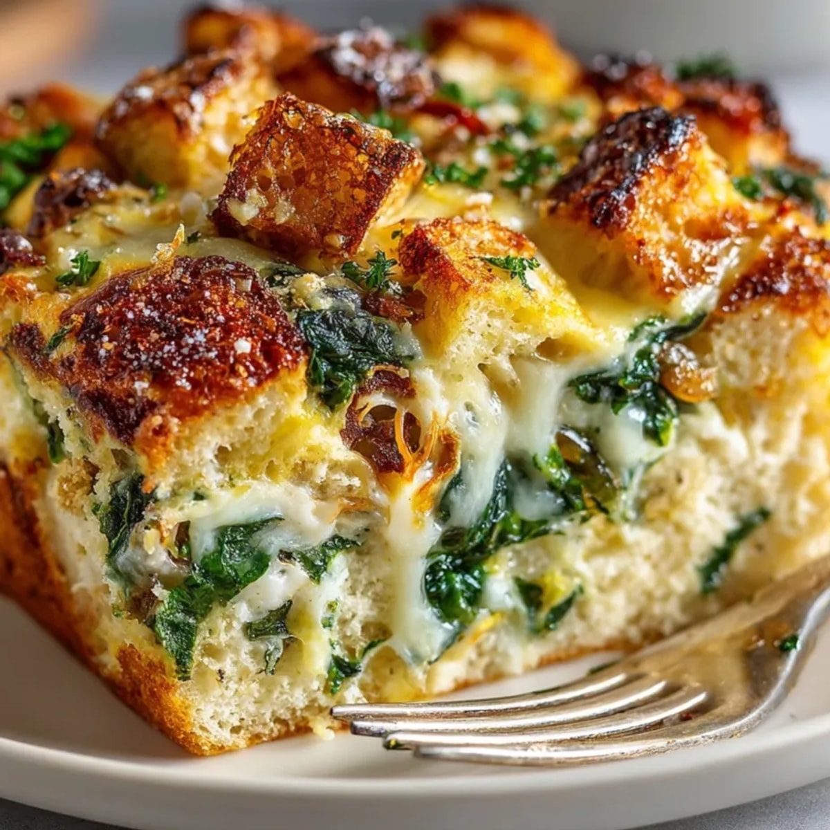 Golden brown Alfredo Spinach Breakfast Casserole, fresh from the oven, ready for brunch.
