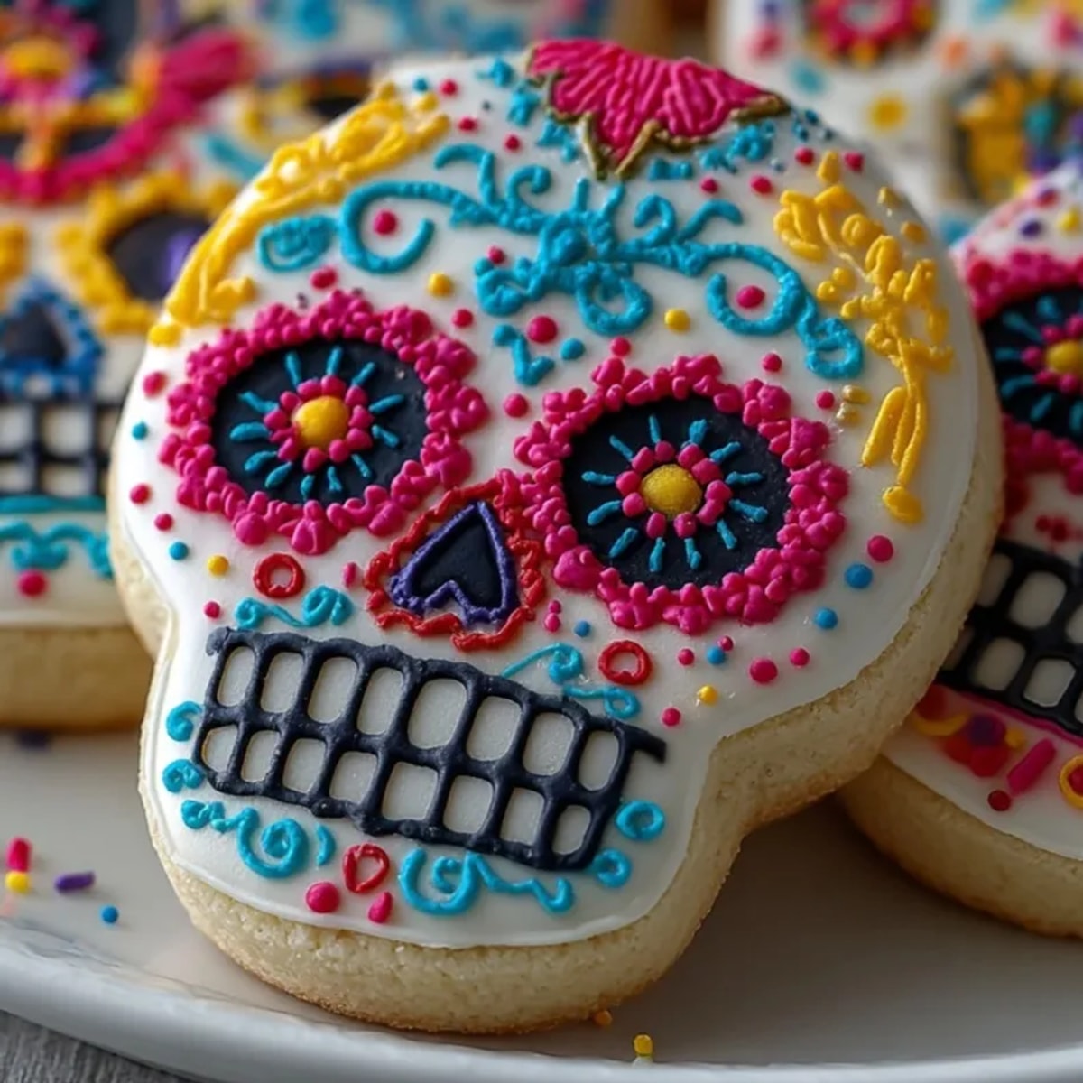 Close-up of vibrant Sugar Skull Oreos—a sweet, colorful treat for Day of the Dead.