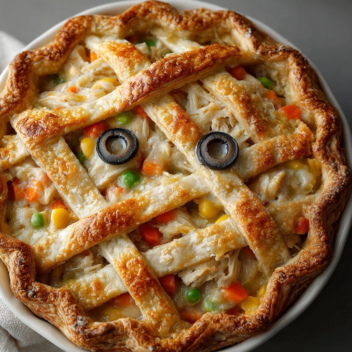 Golden brown Mummy Chicken Pot Pie, savory steam rising, ready for a spooky dinner.