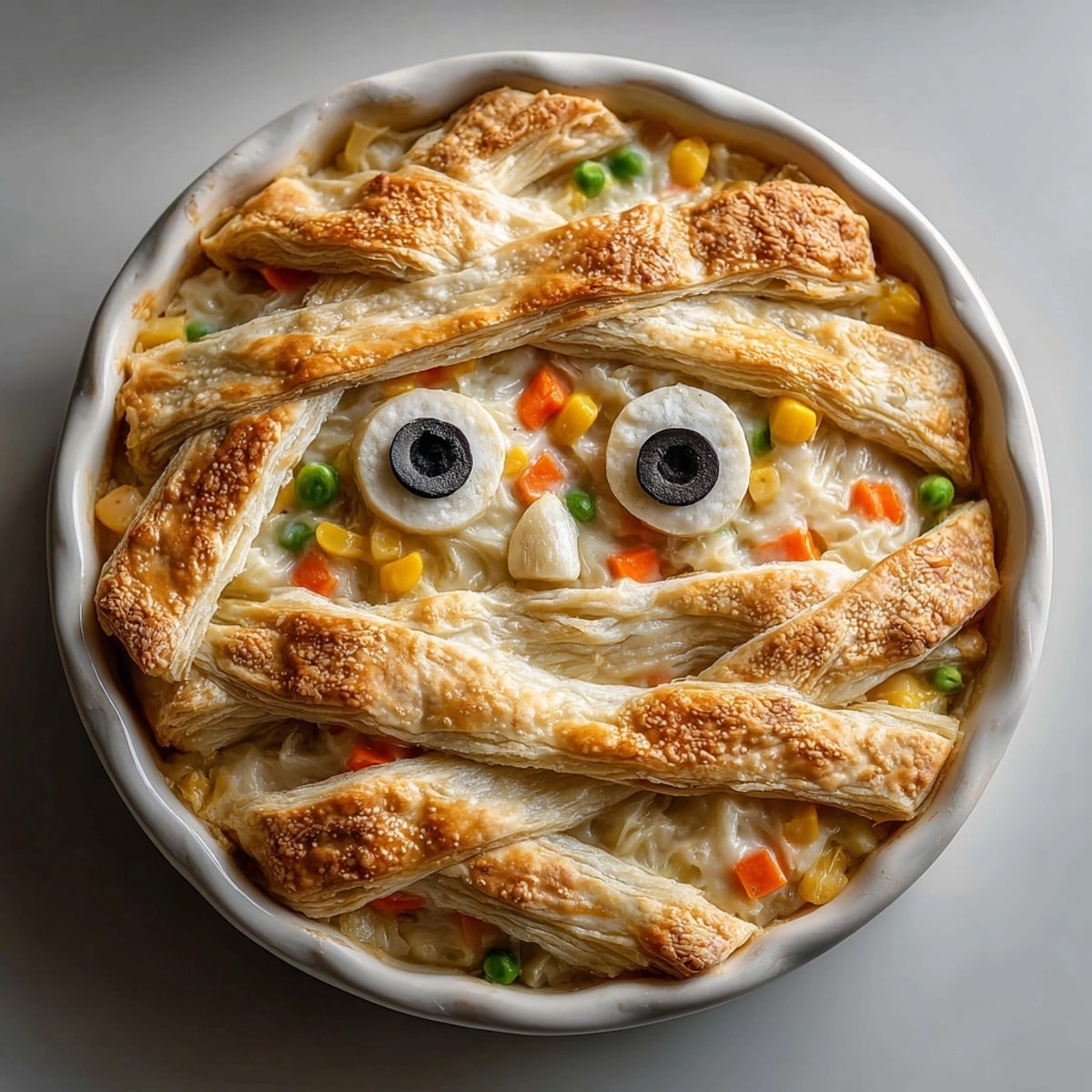 Homemade Mummy Chicken Pot Pie, savory chicken and veggies peeking under flaky crust.