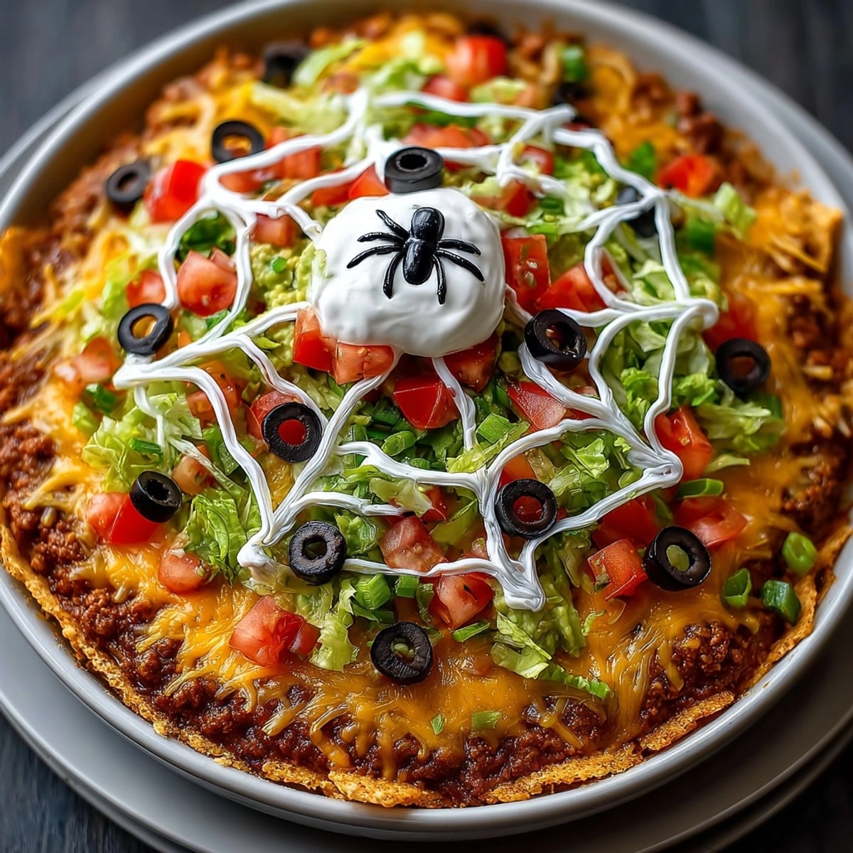 Layers of savory Spiderweb 7-Layer Taco Dip with a creamy, festive sour cream web.