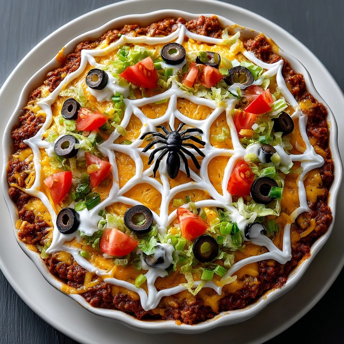 Tex-Mex Spiderweb 7-Layer Taco Dip features refried beans, salsa, and decorative spiderweb.