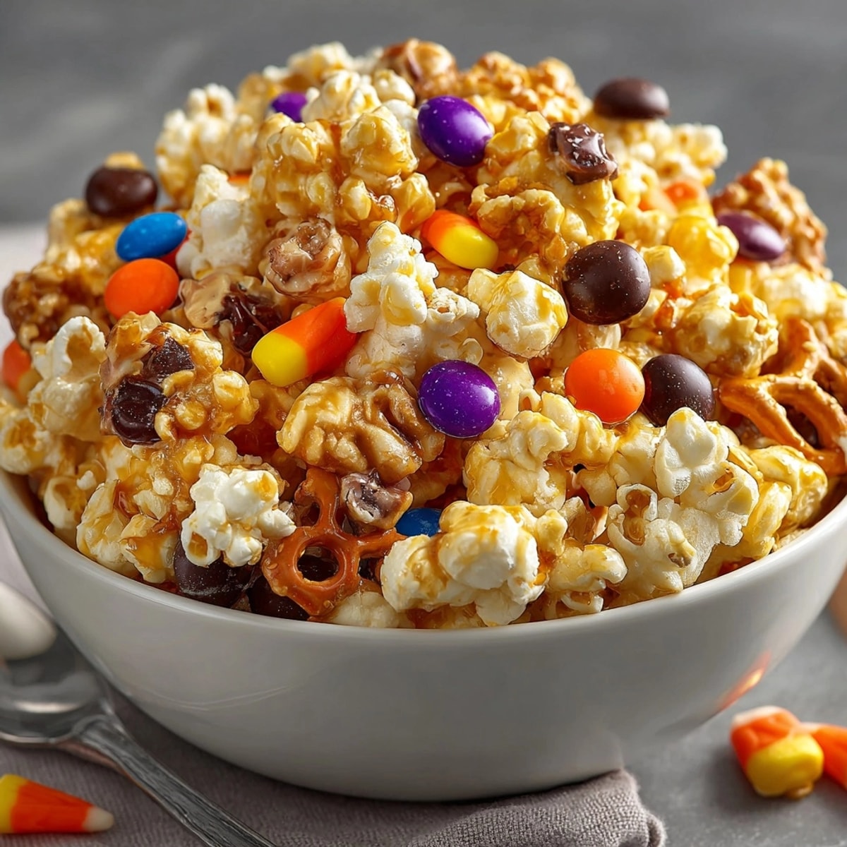Delicious Sweet & Salty Halloween Party Popcorn, close-up showing colorful candy coating and crunchy pretzels.