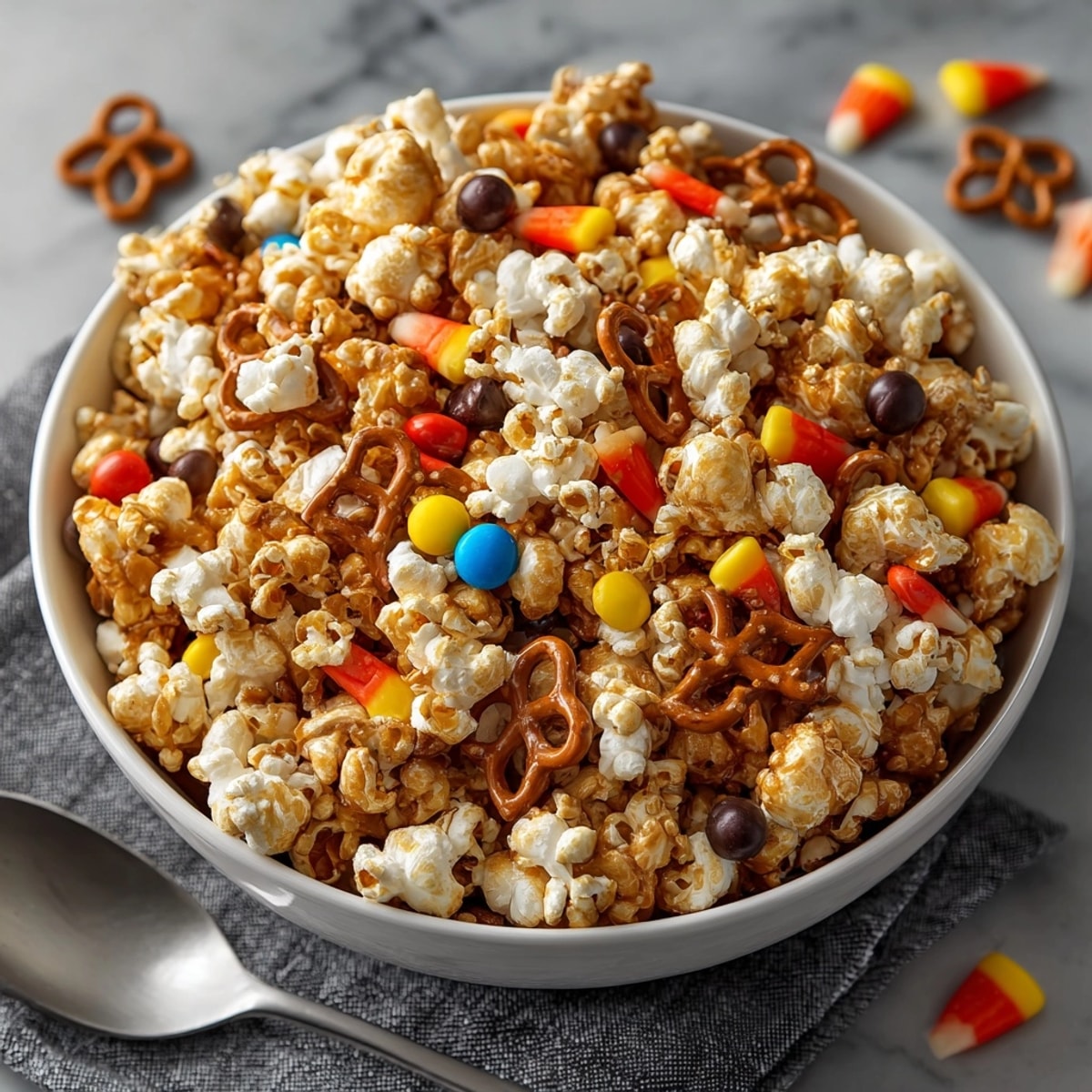 Golden brown Sweet &amp; Salty Halloween Party Popcorn drizzled with sweet glaze and festive candies.