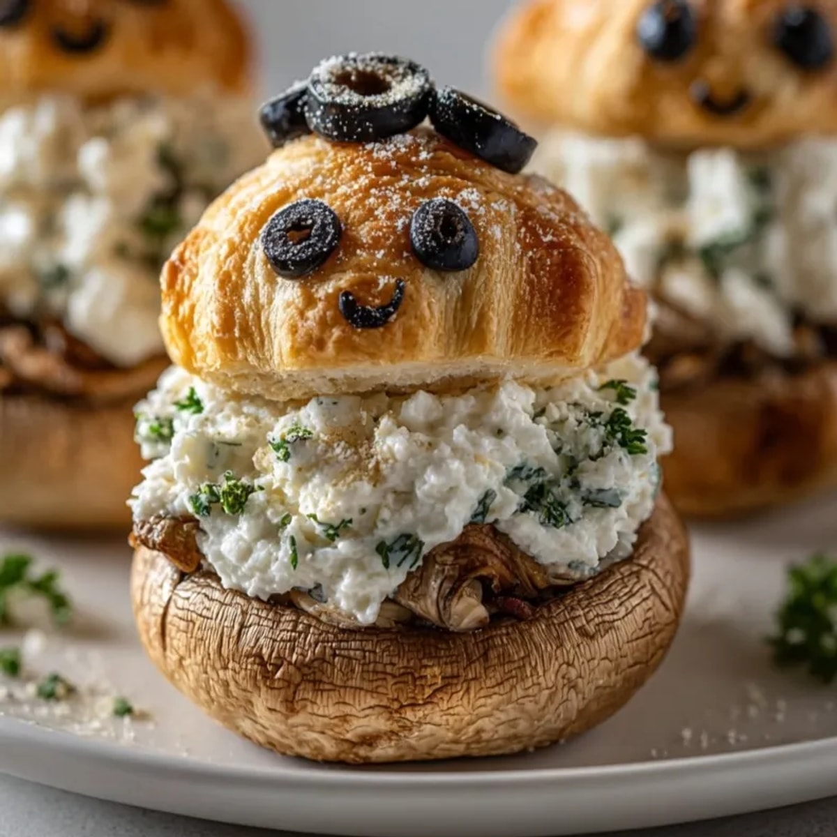 Golden Mummy Stuffed Mushrooms baking, flaky dough bandages envelop creamy, herbed filling.