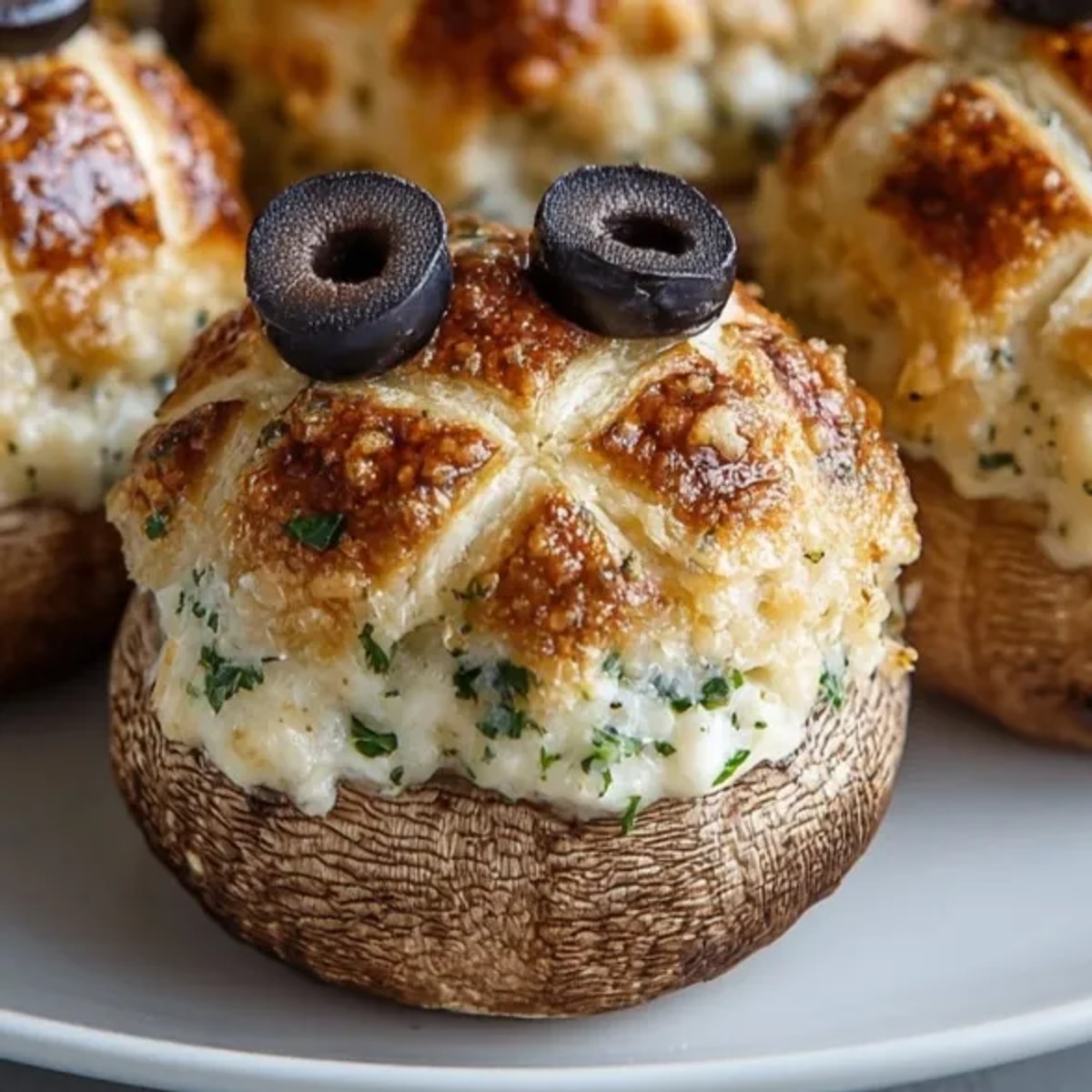 Halloween Mummy Stuffed Mushrooms: Savory cream cheese filling peeks out from pastry wrappings.