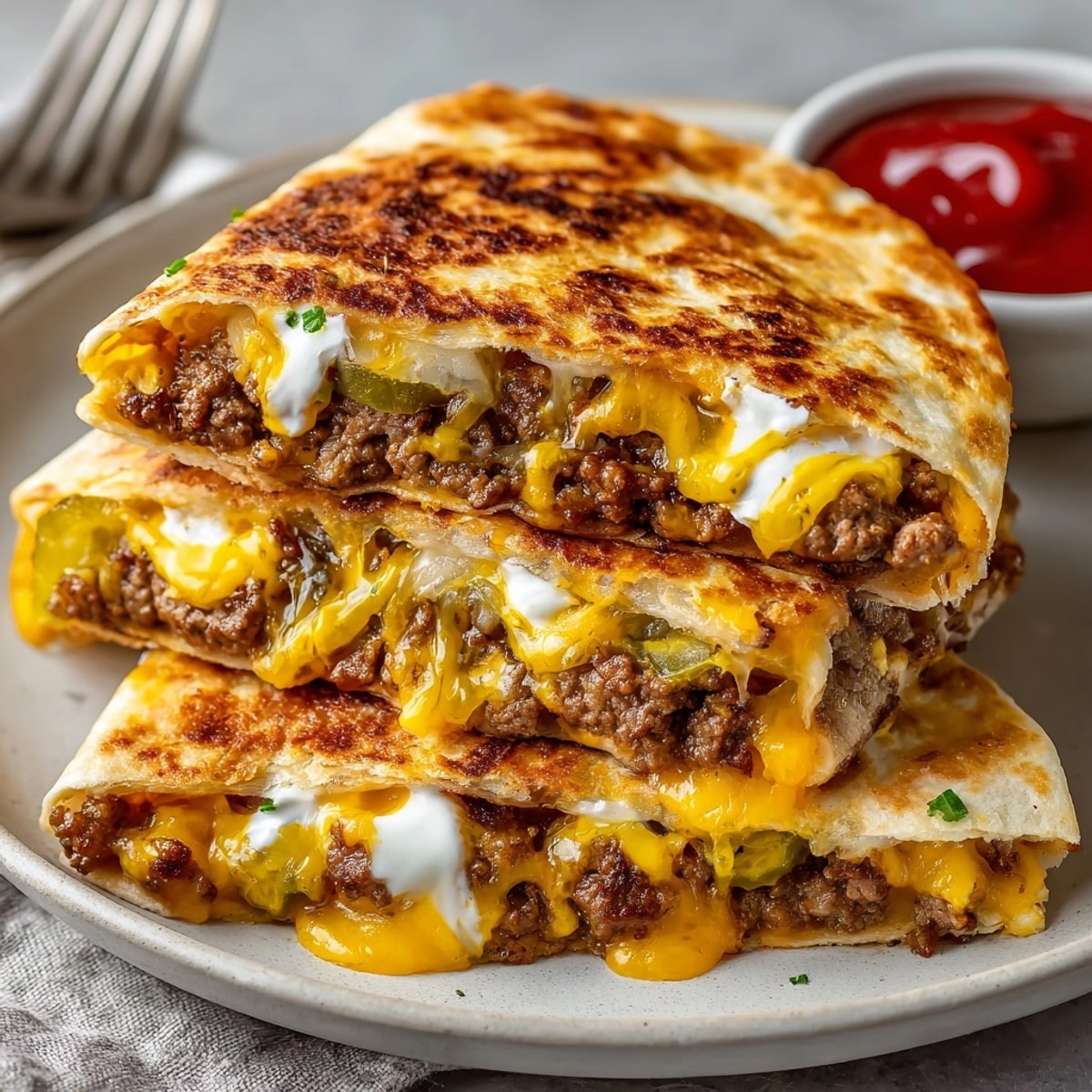 Golden, crispy Cheeseburger Quesadillas with melted cheese oozing out; family dinner served.
