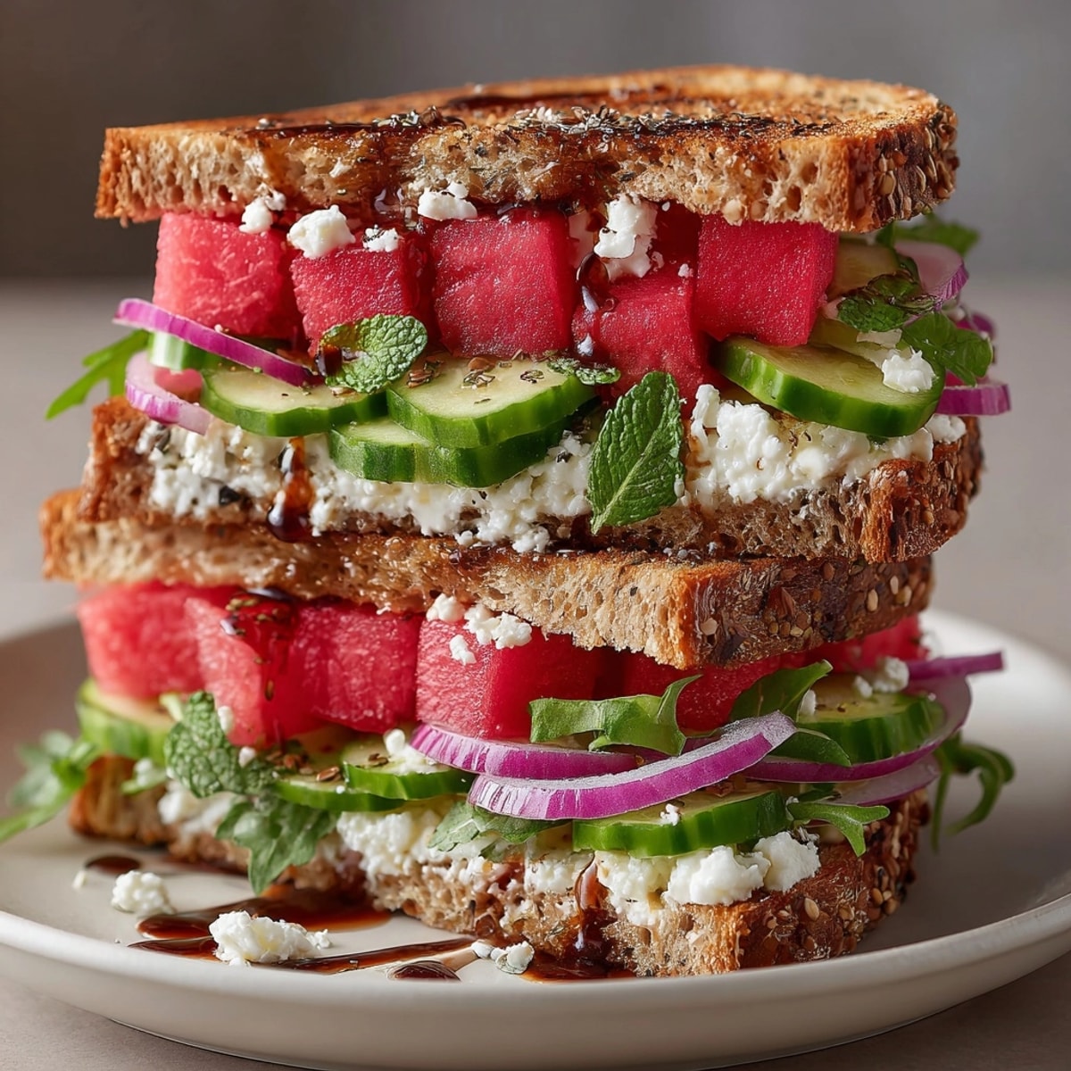 Close-up shows a juicy Watermelon Feta Sandwich, ready to enjoy on a sunny day.