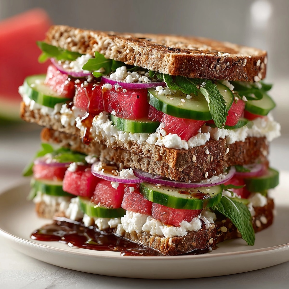 Easy and delicious sliced Watermelon Feta Sandwich highlighting vibrant red watermelon, creamy white feta, and fresh greens.