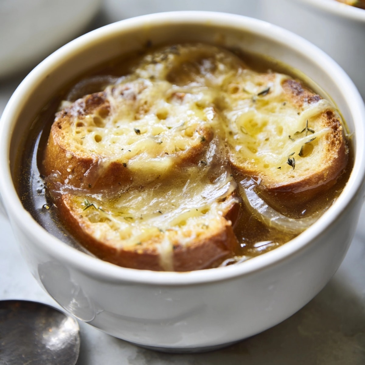 Homemade French Onion Soup recipe: a comforting bowl with rich broth and toasted bread.