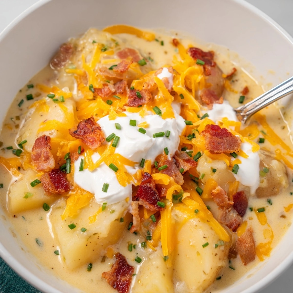 Creamy, comforting Loaded Baked Potato Soup in a white bowl, topped with bacon.
