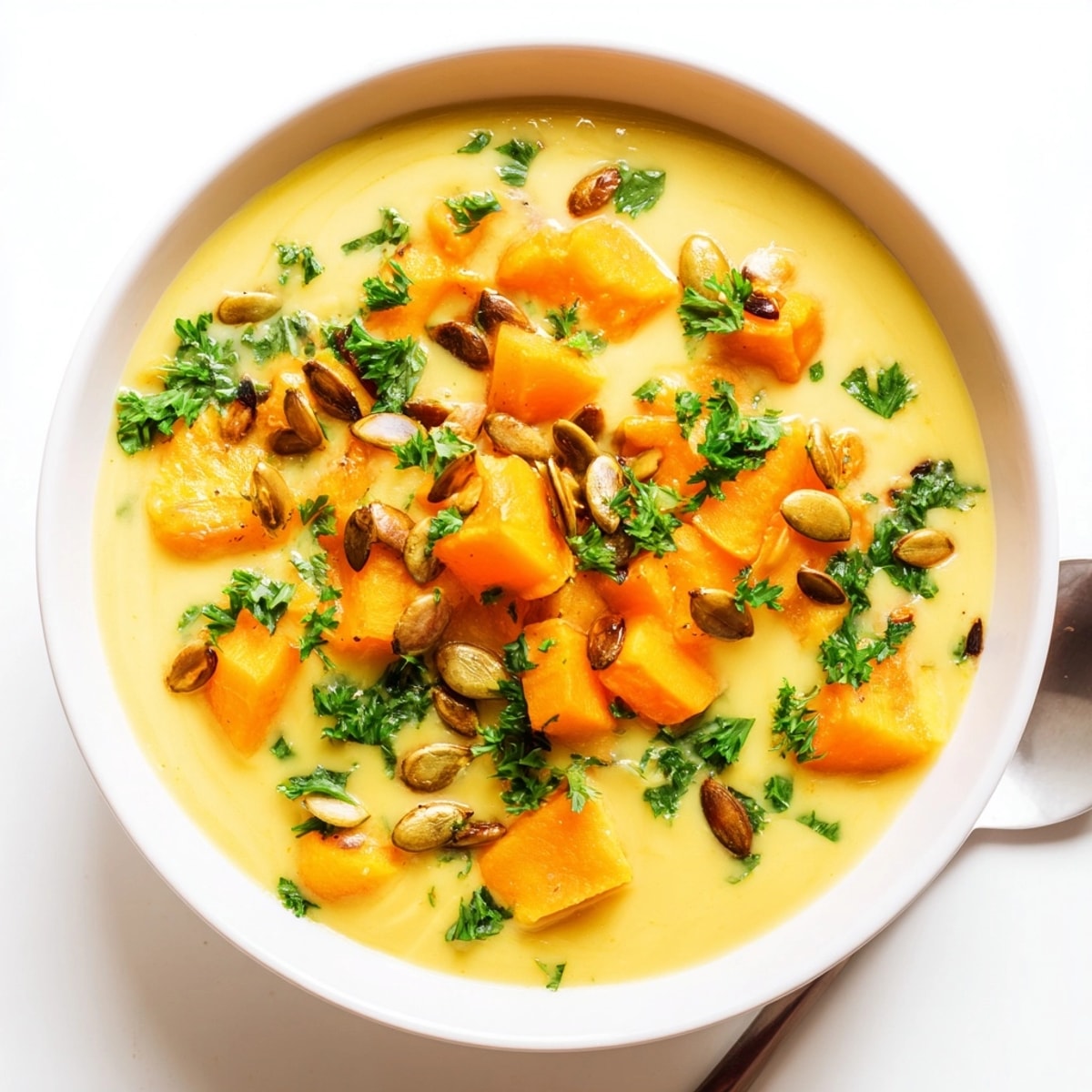 Creamy Butternut Squash Soup swirls in bowl, garnished with parsley, ready to eat.