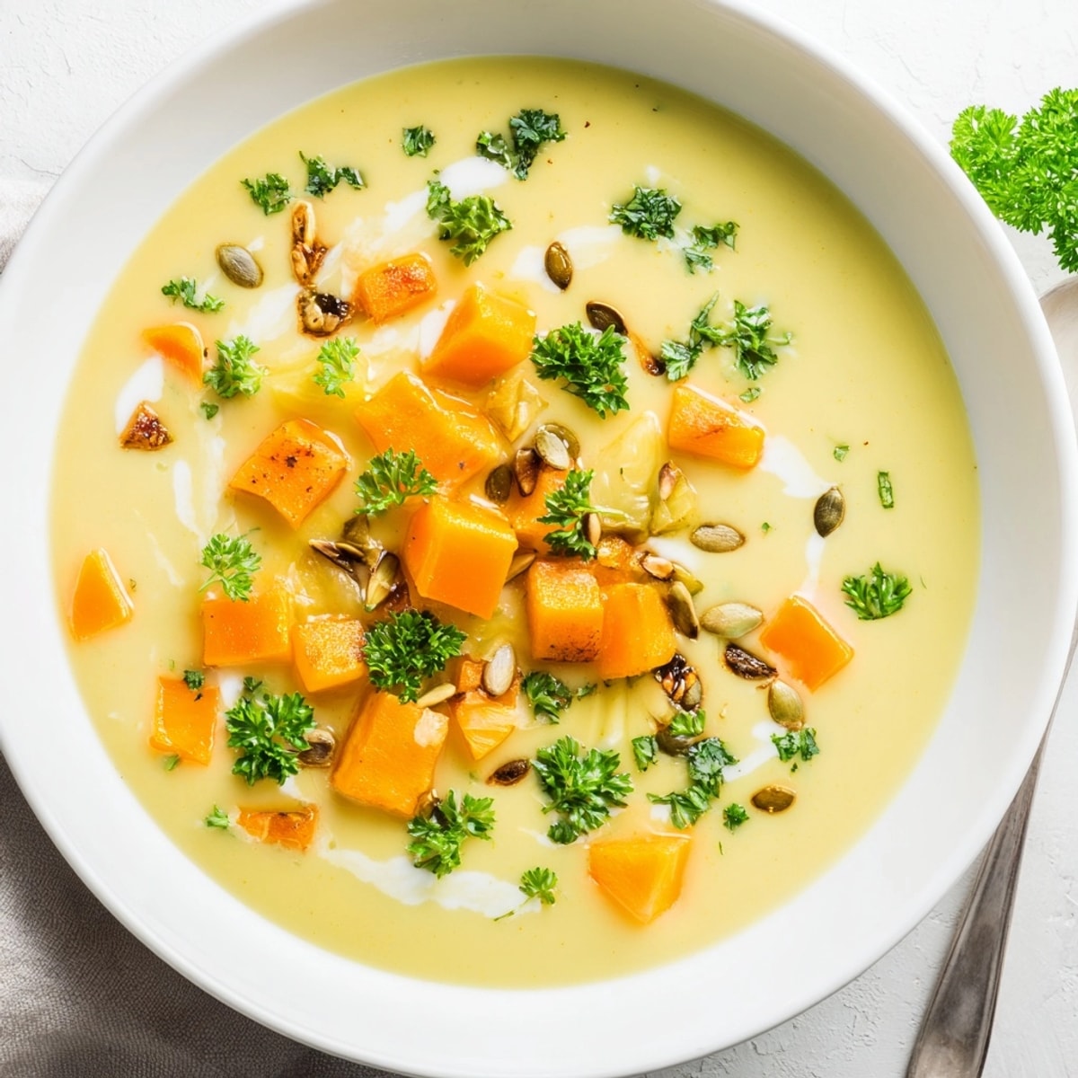 Homemade Butternut Squash Soup recipe: Golden roasted vegetables blended into a velvety smooth fall soup.