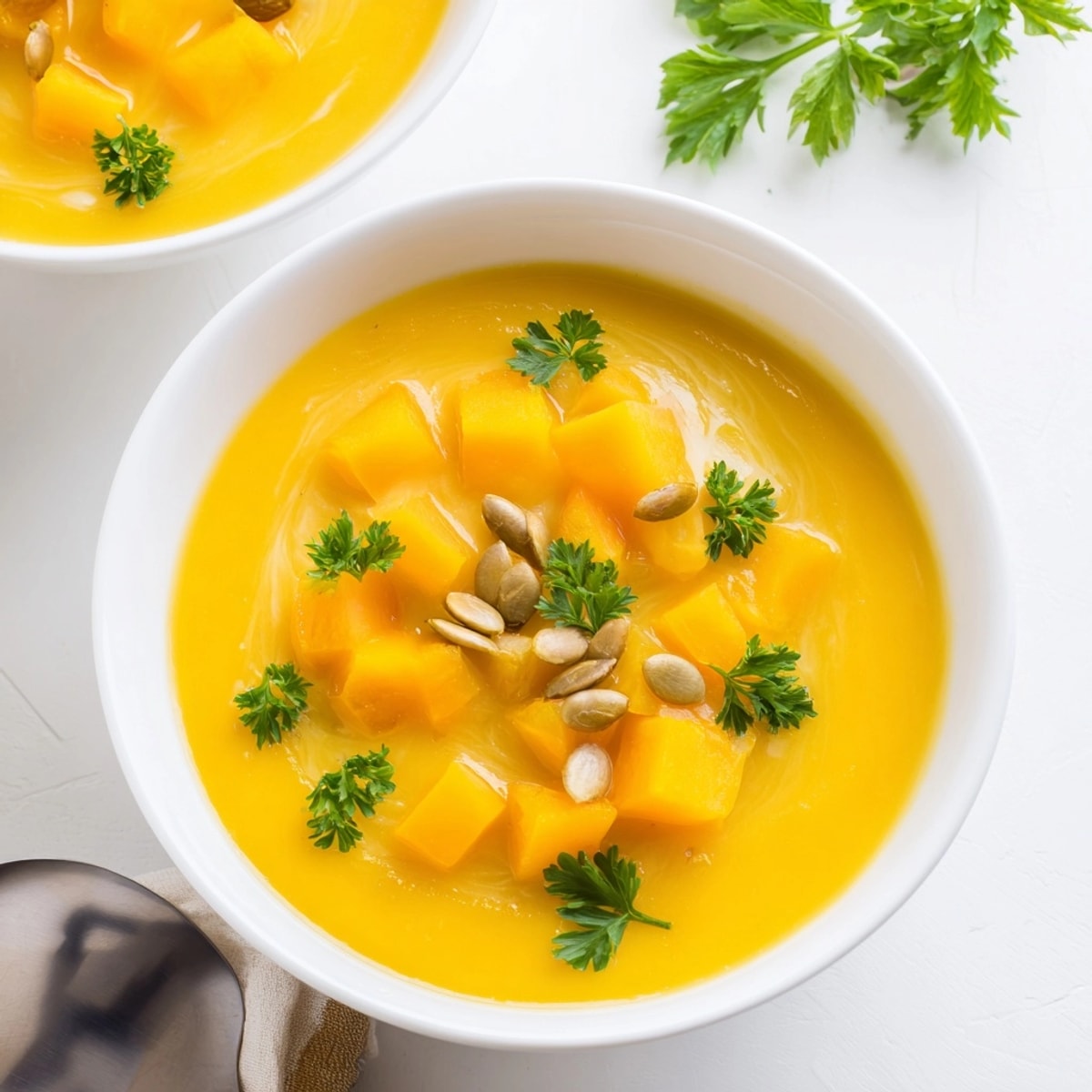 Warm bowl of sweet and savory Butternut Squash Soup: a comforting autumn delight.