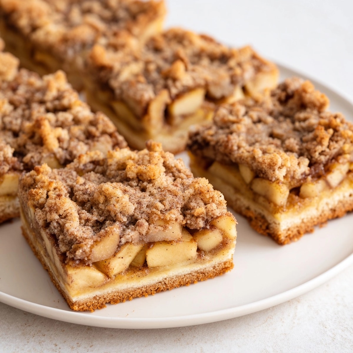 Stacked Ricotta Cinnamon Apple Pie Bars showing layers of crust, filling, and topping.