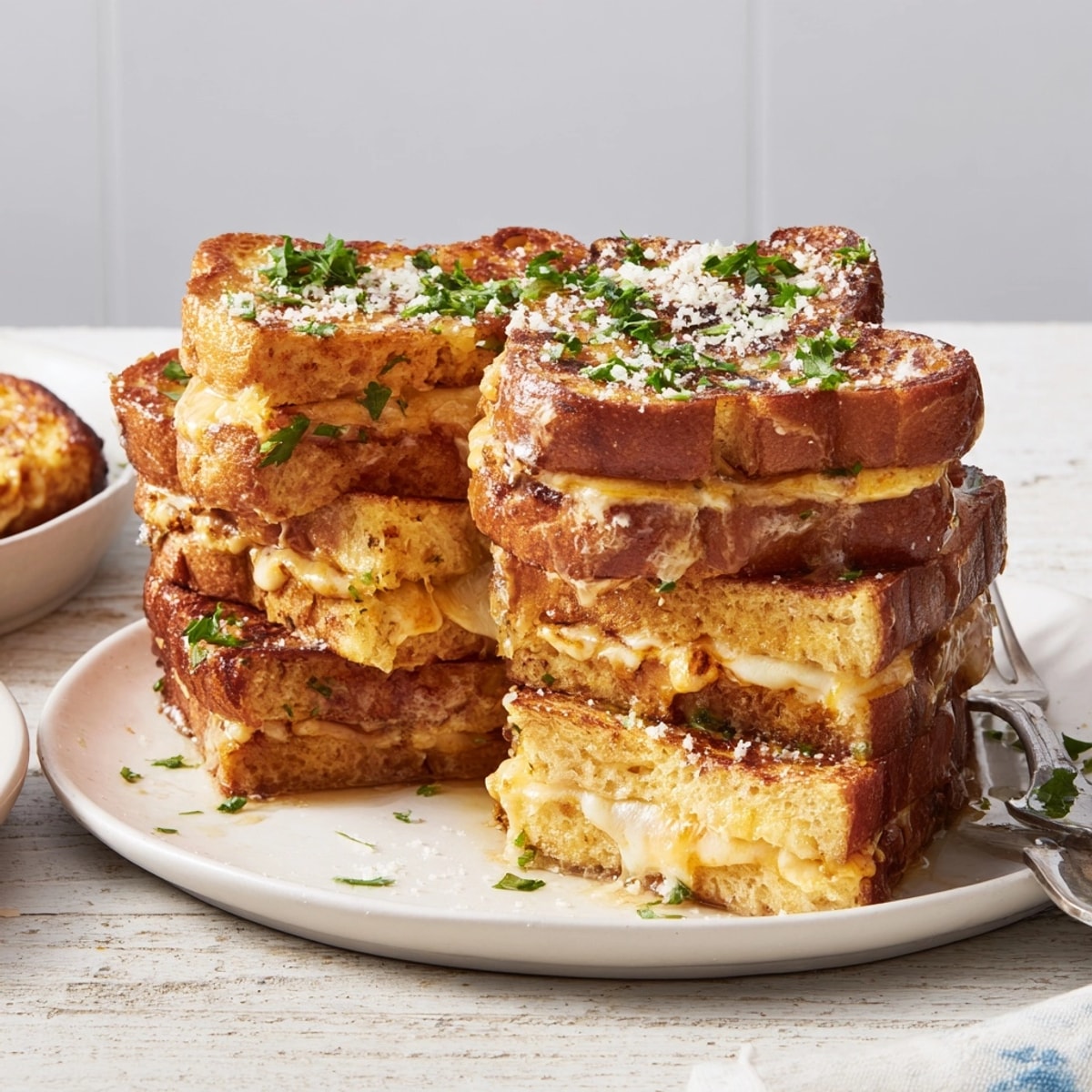 Crispy Cheesy Garlic French Toast Stacks warm from the skillet, sprinkled with fresh parsley.