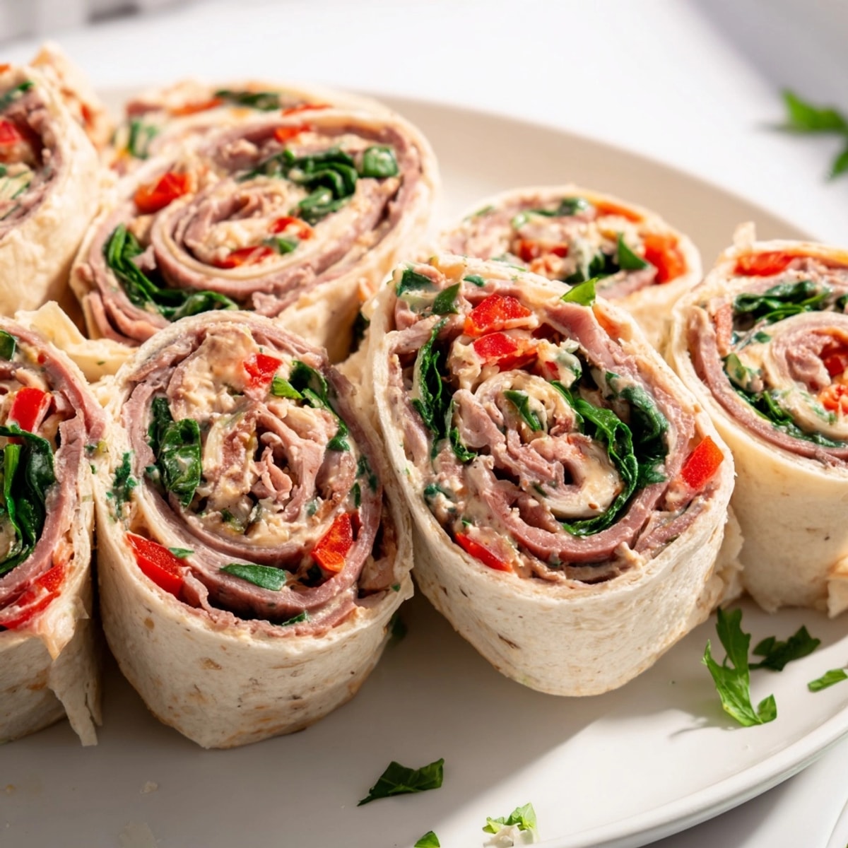 Creamy, savory Cajun Roast Beef Pinwheel Rolls showing filling; serve as an appetizer.