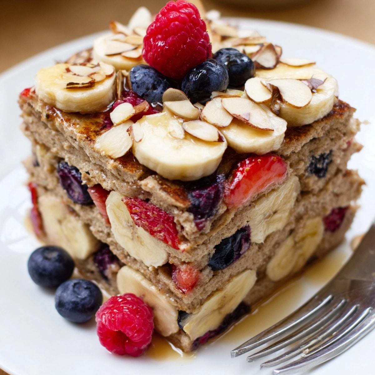 Golden Protein Berry Banana Pancake Bake fresh from the oven, ready to serve.