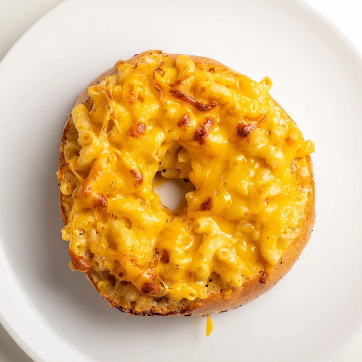 Warm, homemade Mac and Cheese Cheddar Jalapeño Bagels with bubbly, melted cheese topping.