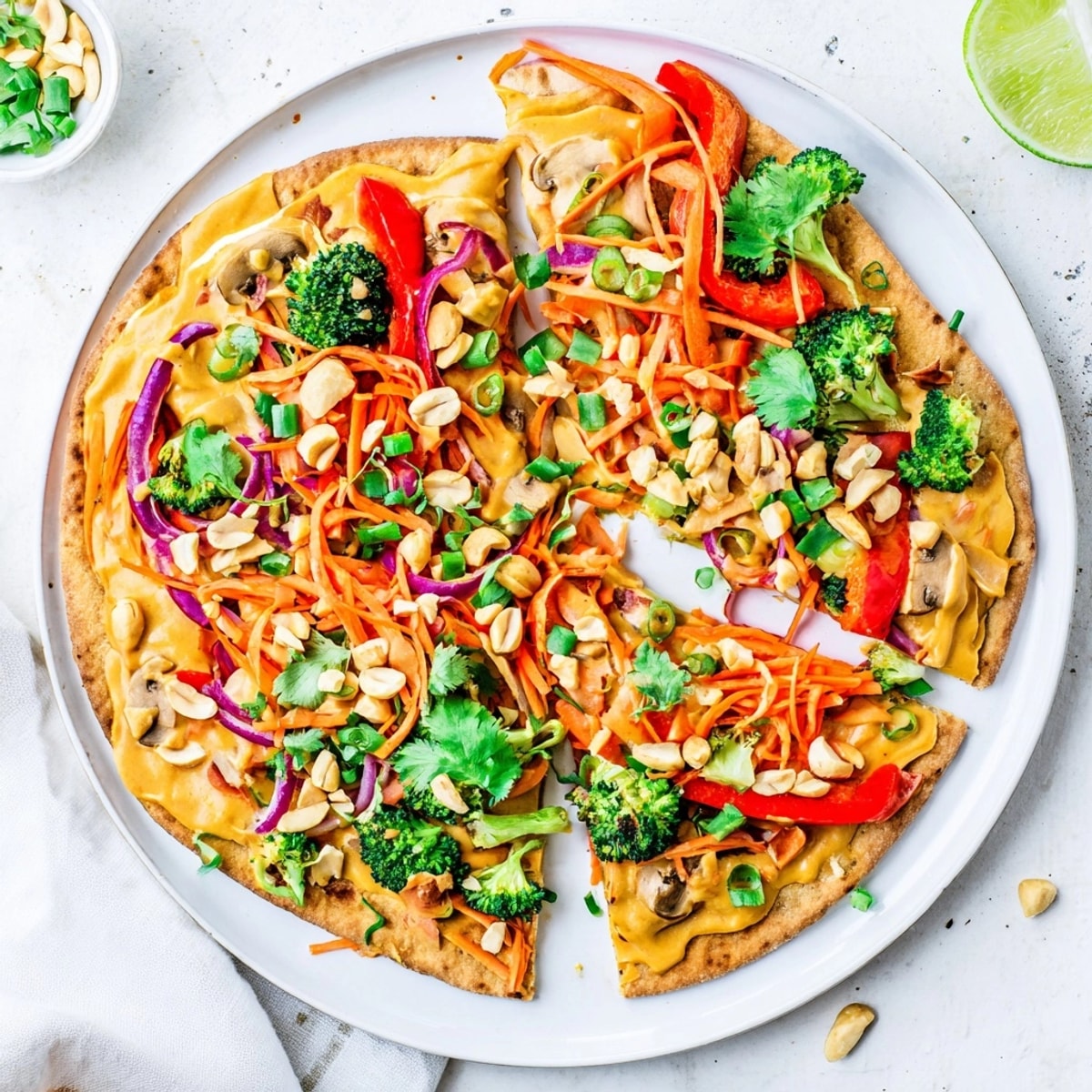 Homemade Thai Curry Veggie Pita Pizzas ready to serve, a colorful healthy weeknight dinner option.
