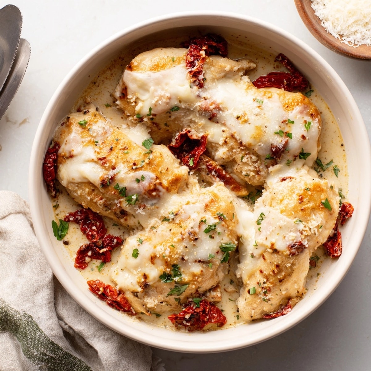 Close-up of cheesy Alfredo Sundried Tomato Chicken Bake, a rich, flavorful comfort food.