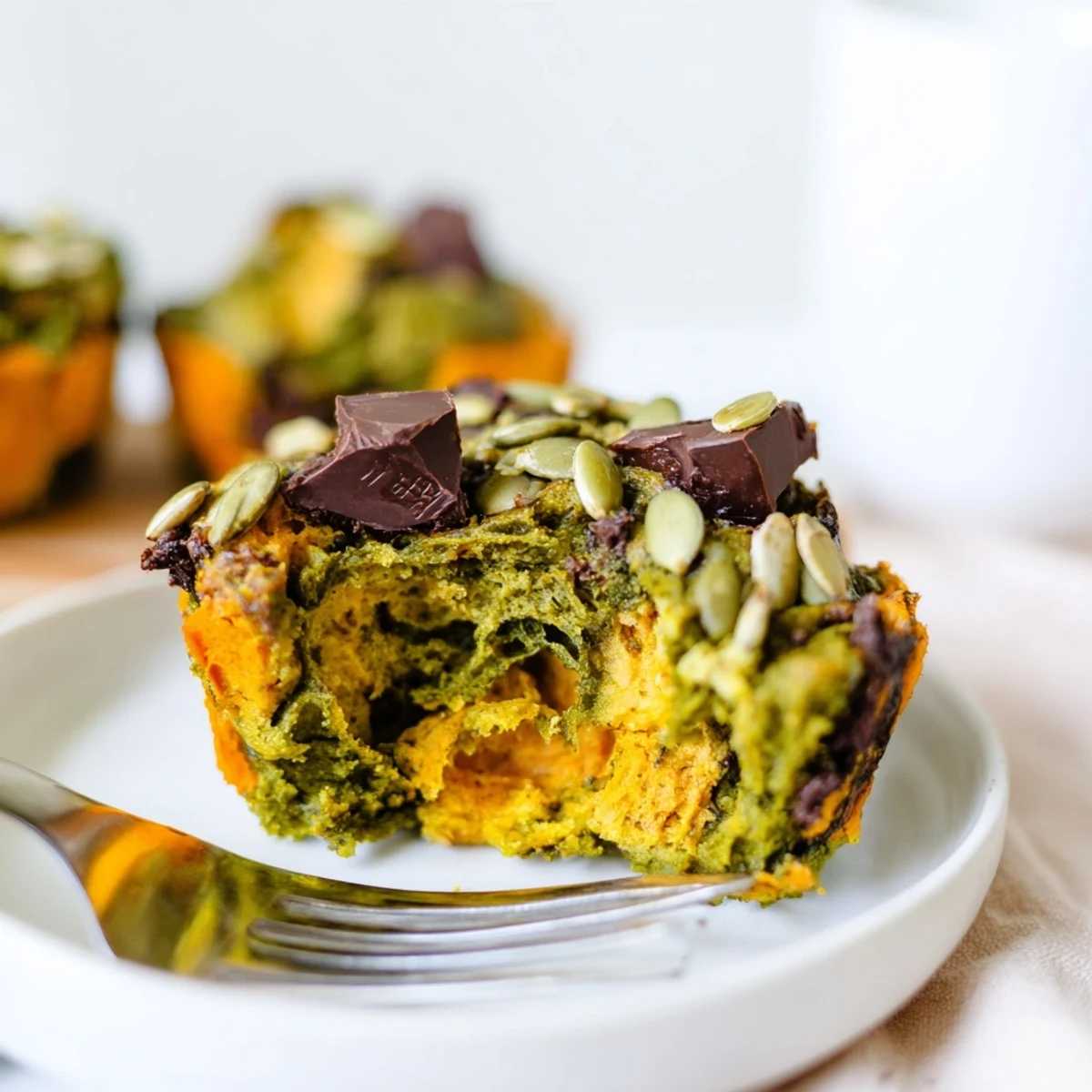 Moist vegan matcha pumpkin muffins erupt with vibrant colors, perfect for snack time.  