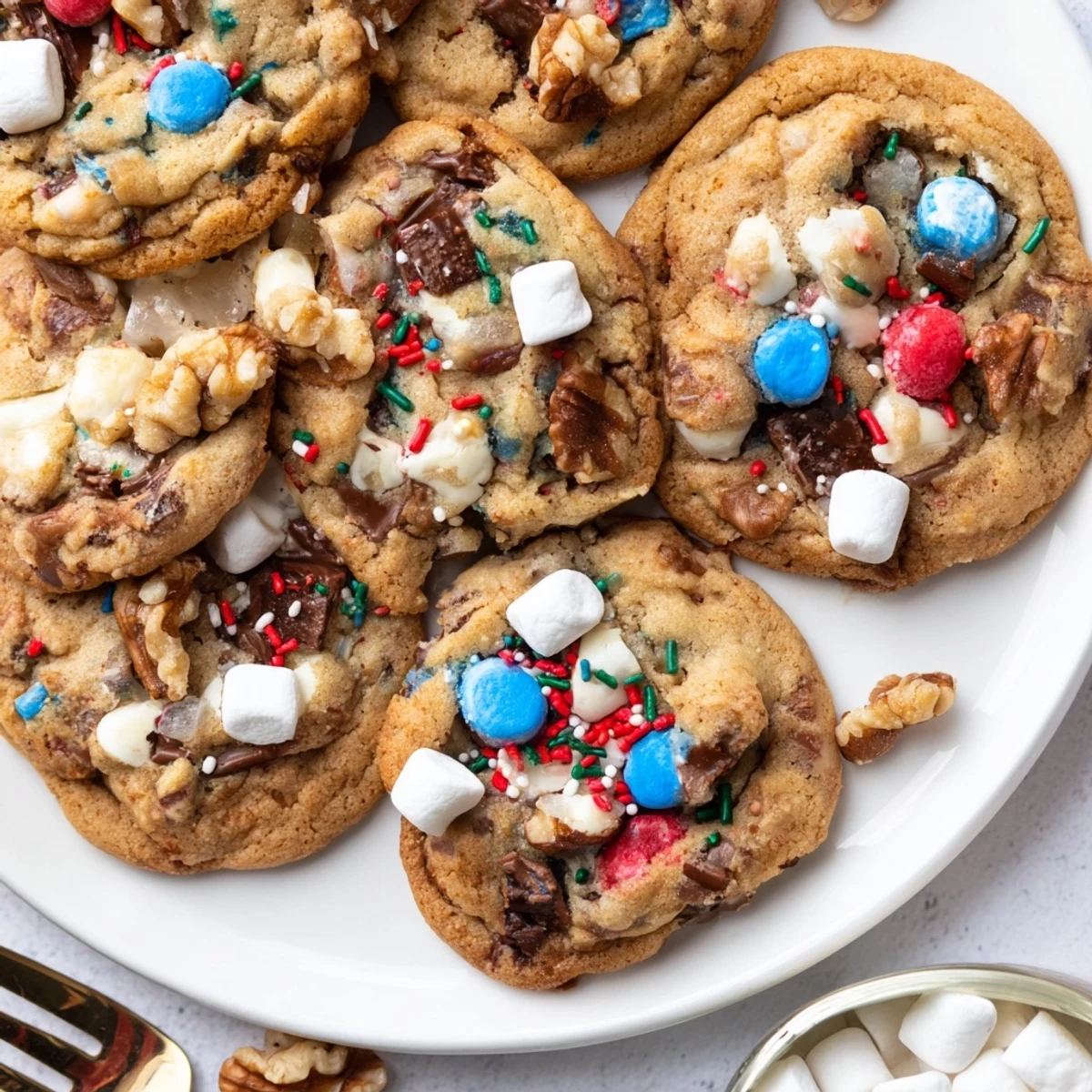Decadent Loaded Rocky Road Hanukkah Christmas Cookies topped with marshmallows and festive sprinkles.
