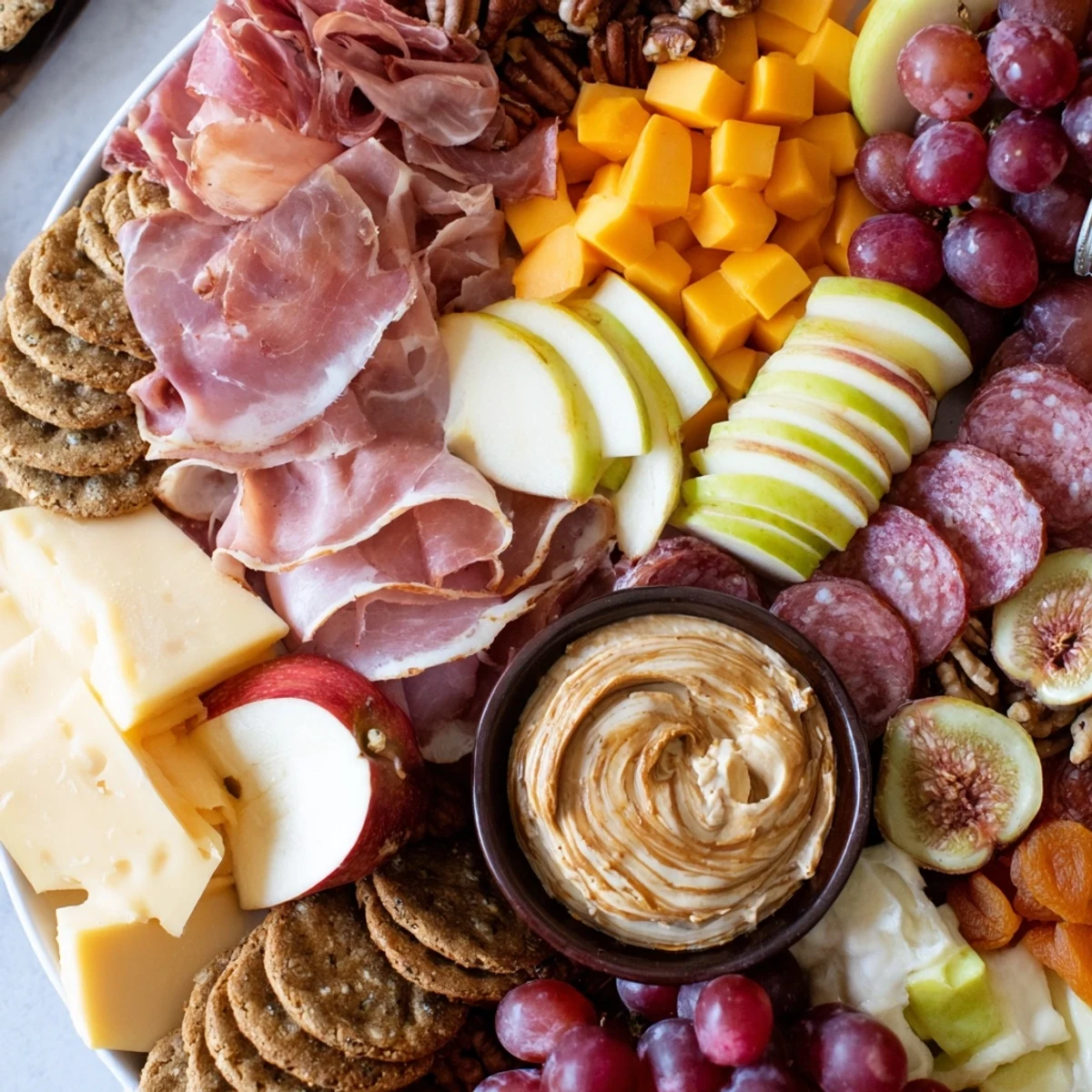A vibrant charcuterie board with gingerbread dip, showcasing meats, cheeses, and fruits.  