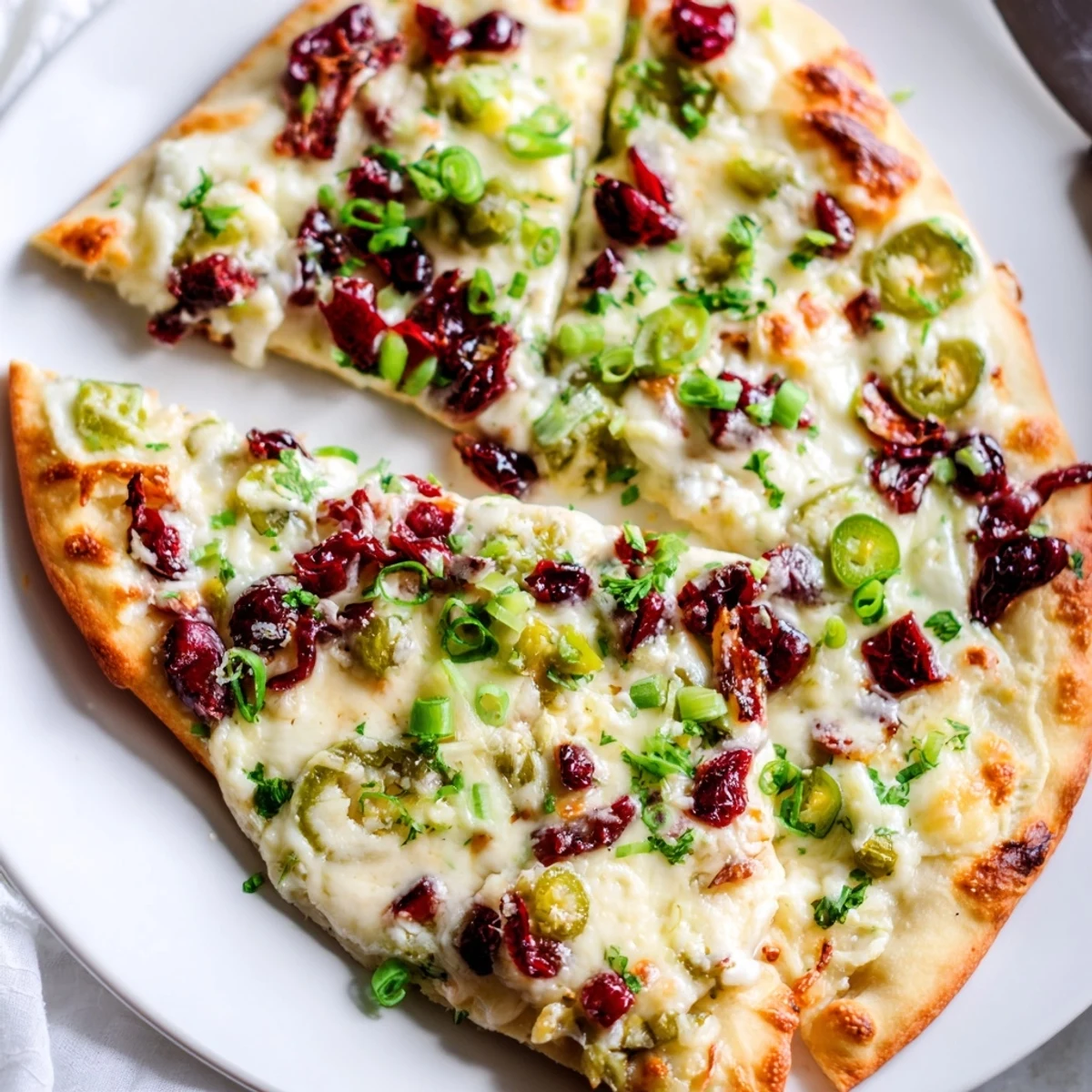 Sweet and spicy cranberry jalapeño dip pizza served warm, perfect for sharing.